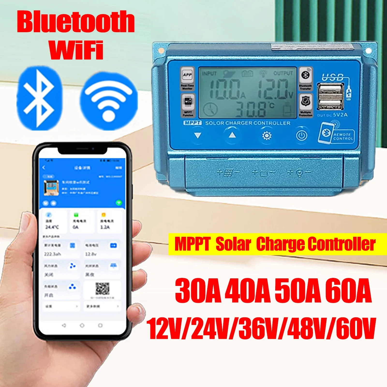 Charge Controller Solar - 12V24V36V48V60V 30A/40A/50A/60A pantalla Digital LCD de